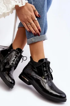 Clearance Boto Damskie Półbuty Lakierowane Na Płaskim Obcasie Lu Boo Czarne