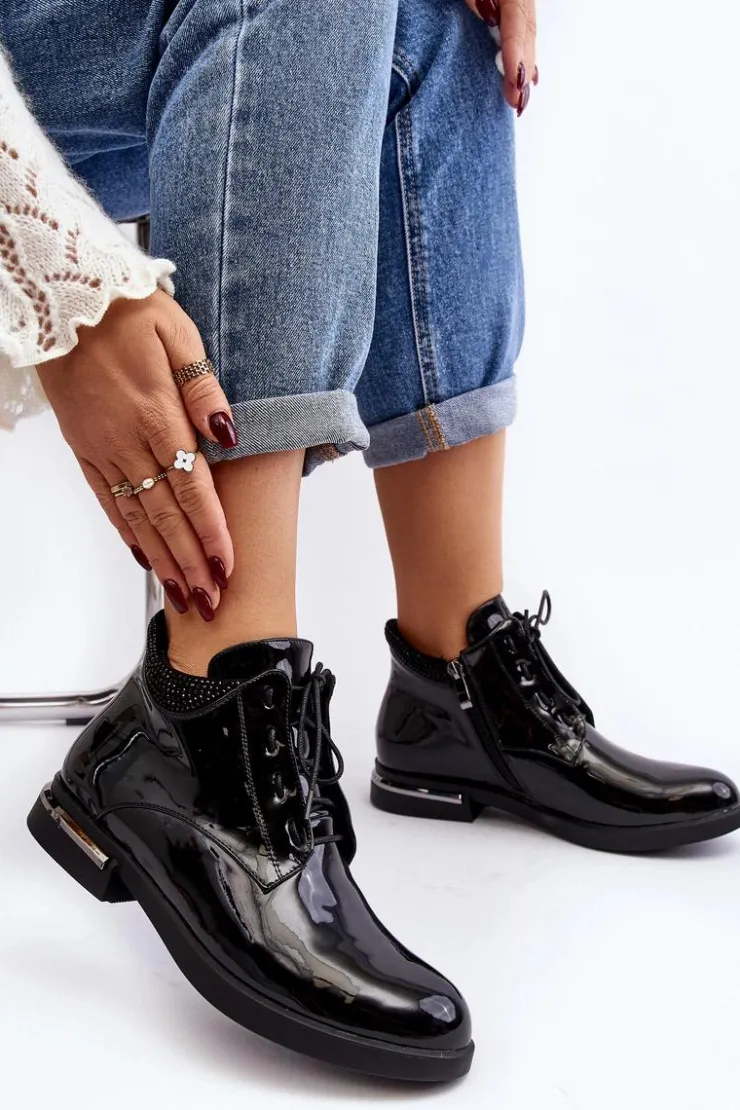 Clearance Boto Damskie Półbuty Lakierowane Na Płaskim Obcasie Lu Boo Czarne