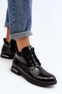 Clearance Boto Damskie Półbuty Lakierowane Na Płaskim Obcasie Lu Boo Czarne