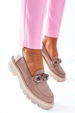 Online Laura Messi Damskie Półbuty Loafery Skórzane Ciemny Beż 2383