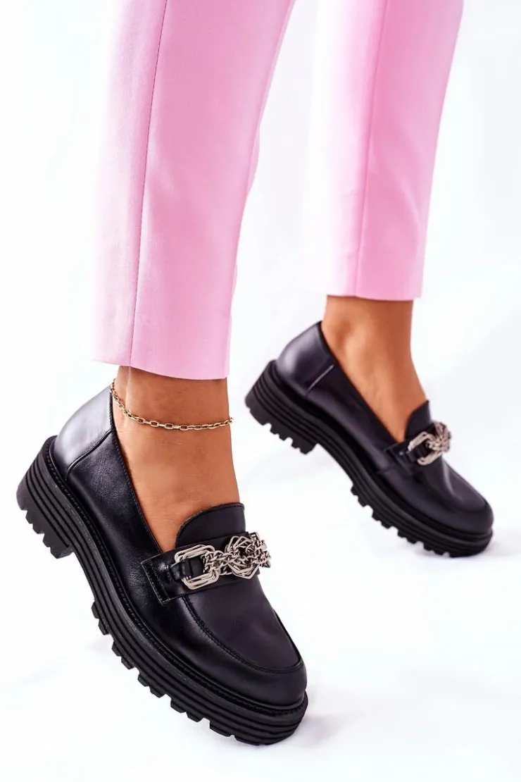 Damskie Laura Messi Damskie Półbuty Loafery Skórzane Czarne 2383