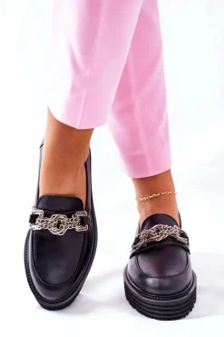 Damskie Laura Messi Damskie Półbuty Loafery Skórzane Czarne 2383