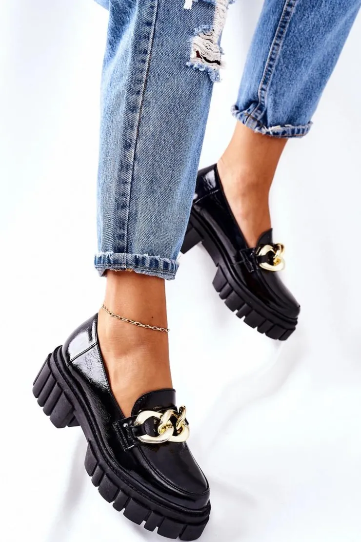 Damskie Laura Messi Damskie Półbuty Loafery Skórzane Czarne 2339