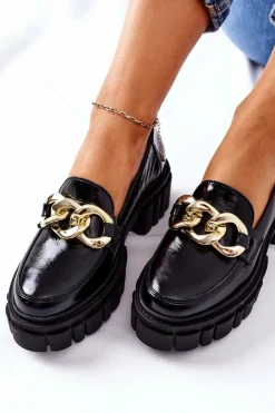Damskie Laura Messi Damskie Półbuty Loafery Skórzane Czarne 2339