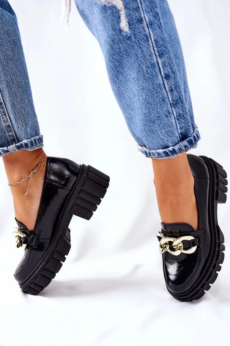 Damskie Laura Messi Damskie Półbuty Loafery Skórzane Czarne 2339