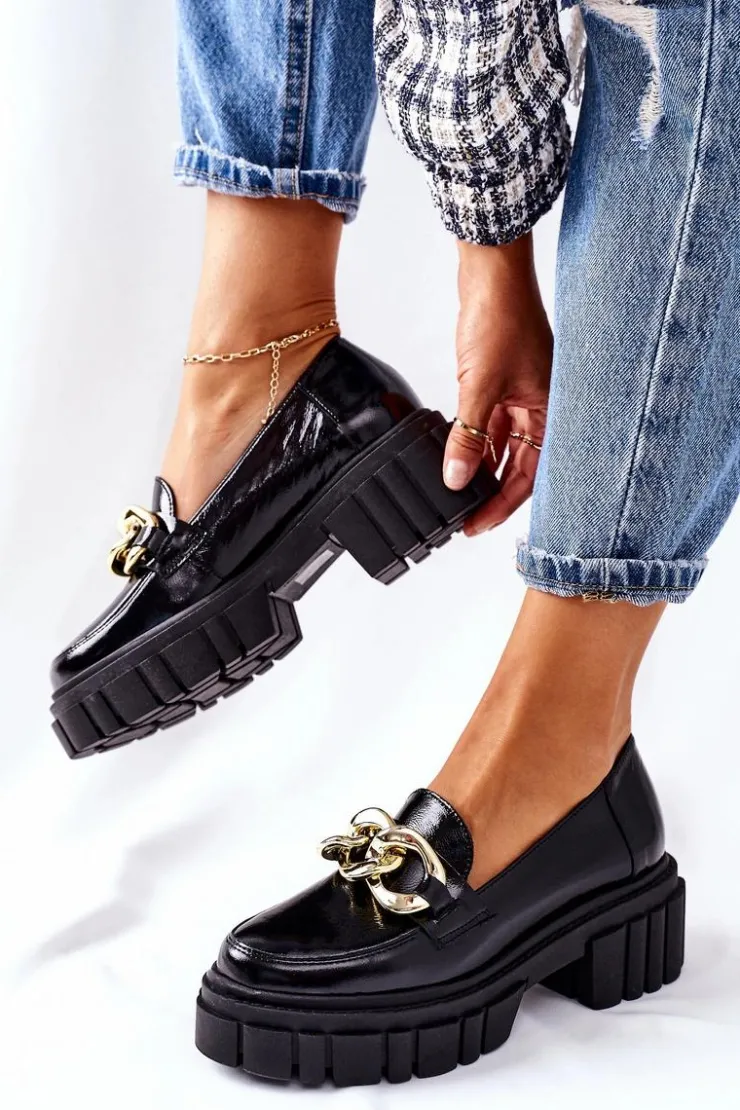 Damskie Laura Messi Damskie Półbuty Loafery Skórzane Czarne 2339