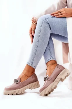 Laura Messi Półbuty Skórzane|Mokasyny Damskie Skórzane*Damskie Półbuty Loafery Skórzane Ciemny Beż 2383