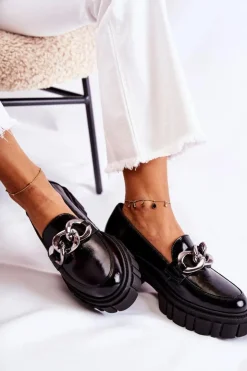 Damskie Laura Messi Damskie Półbuty Loafery Skórzane Czarno-Srebrne 2339