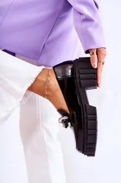 Damskie Laura Messi Damskie Półbuty Loafery Skórzane Czarno-Srebrne 2339