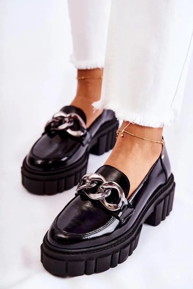 Damskie Laura Messi Damskie Półbuty Loafery Skórzane Czarno-Srebrne 2339