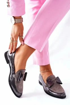 Maciejka Półbuty Lakierowane|Półbuty Skórzane*Damskie Półbuty Lakierowane Loafery Szare 04099-03/00-1