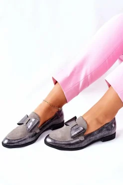 Maciejka Półbuty Lakierowane|Półbuty Skórzane*Damskie Półbuty Lakierowane Loafery Szare 04099-03/00-1