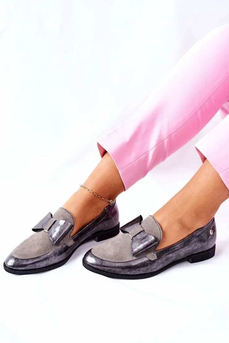 Maciejka Półbuty Lakierowane|Półbuty Skórzane*Damskie Półbuty Lakierowane Loafery Szare 04099-03/00-1