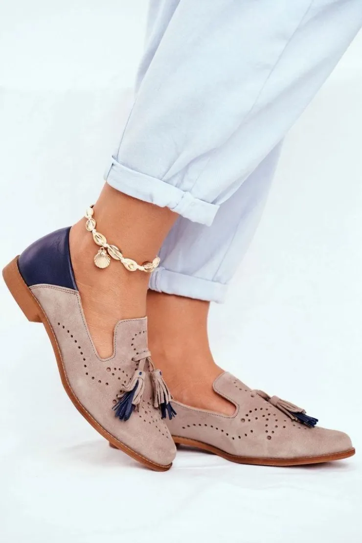 Maciejka Półbuty Skórzane*Damskie Półbuty Skórzane Mokasyny Beżowe 04484-04/00-5