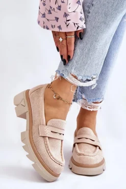 New Boto Damskie Półbuty Mokasyny Na Płaskim Obcasie Beżowe Fletcher