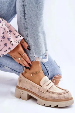 New Boto Damskie Półbuty Mokasyny Na Płaskim Obcasie Beżowe Fletcher