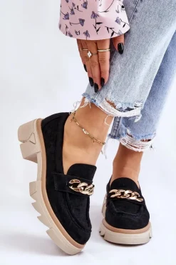 Damskie Boto Damskie Półbuty Mokasyny Z Łańcuchem Czarne Luella