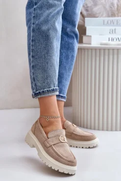 Damskie Boto Damskie Półbuty Mokasyny Ze Złotym Detalem Khaki Arilva