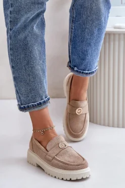 Damskie Boto Damskie Półbuty Mokasyny Ze Złotym Detalem Khaki Arilva