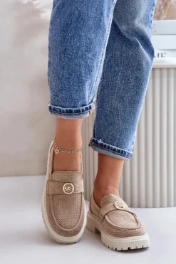 Damskie Boto Damskie Półbuty Mokasyny Ze Złotym Detalem Khaki Arilva