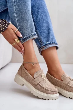 Damskie Boto Damskie Półbuty Mokasyny Ze Złotym Detalem Khaki Arilva