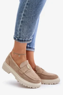 Damskie Boto Damskie Półbuty Mokasyny Ze Złotym Detalem Khaki Arilva