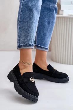 Boto Mokasyny Damskie Zamszowe*Damskie Półbuty Mokasyny Ze Złotym Detalem Czarne Arilva