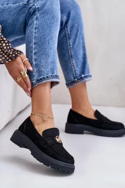 Boto Mokasyny Damskie Zamszowe*Damskie Półbuty Mokasyny Ze Złotym Detalem Czarne Arilva
