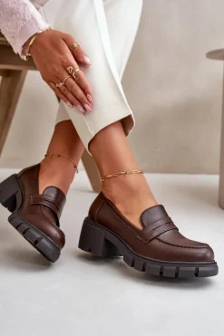 Damskie Boto Damskie Półbuty Na Niskim Obcasie Z Eko Skóry Ciemnobrązowe Menloa