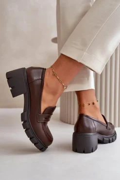 Damskie Boto Damskie Półbuty Na Niskim Obcasie Z Eko Skóry Ciemnobrązowe Menloa