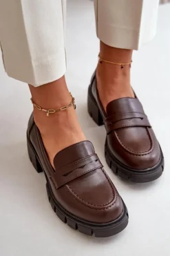 Damskie Boto Damskie Półbuty Na Niskim Obcasie Z Eko Skóry Ciemnobrązowe Menloa