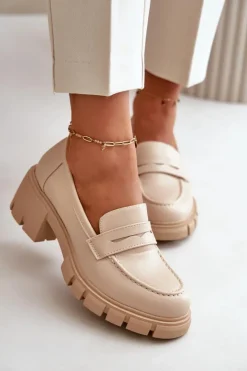 Discount Boto Damskie Półbuty Na Niskim Obcasie Z Eko Skóry Beżowe Menloa