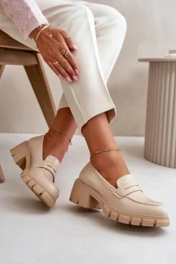 Discount Boto Damskie Półbuty Na Niskim Obcasie Z Eko Skóry Beżowe Menloa