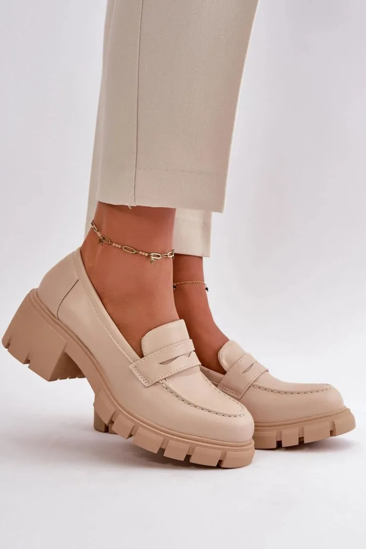 Discount Boto Damskie Półbuty Na Niskim Obcasie Z Eko Skóry Beżowe Menloa