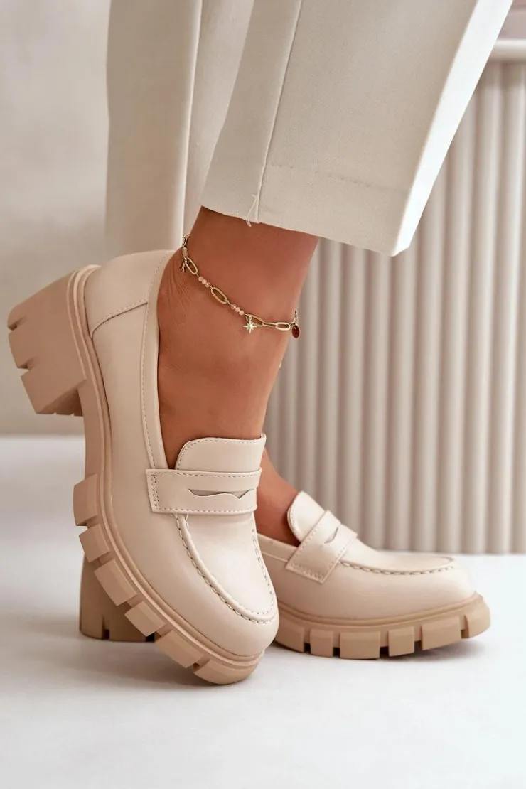 Discount Boto Damskie Półbuty Na Niskim Obcasie Z Eko Skóry Beżowe Menloa