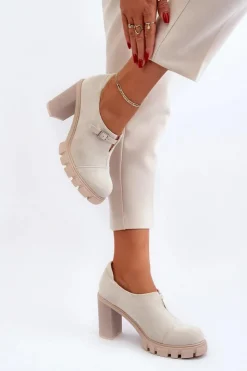 Damskie Boto Damskie Półbuty Na Obcasie Słupku Jasnobeżowe Tauina