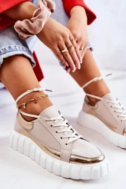 Hot Damskie buty S.Barski Damskie Półbuty Na Platformie Beżowo-Złote Noriso