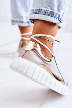 Hot Damskie buty S.Barski Damskie Półbuty Na Platformie Beżowo-Złote Noriso