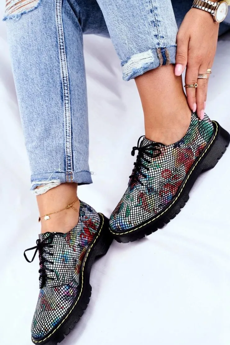 Maciejka Półbuty Skórzane*Damskie Półbuty Oxfordy Kwiaty Skórzane 04087-43