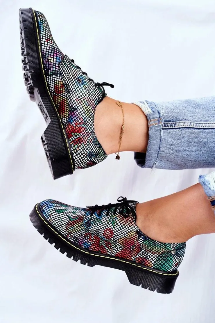 Maciejka Półbuty Skórzane*Damskie Półbuty Oxfordy Kwiaty Skórzane 04087-43