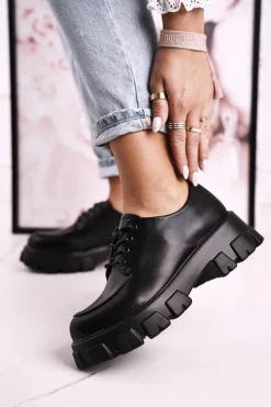 Damskie buty S.Barski Półbuty Lakierowane*Damskie Półbuty Oxfordy Na Masywnej Platformie S.Barski HX23 Czarne