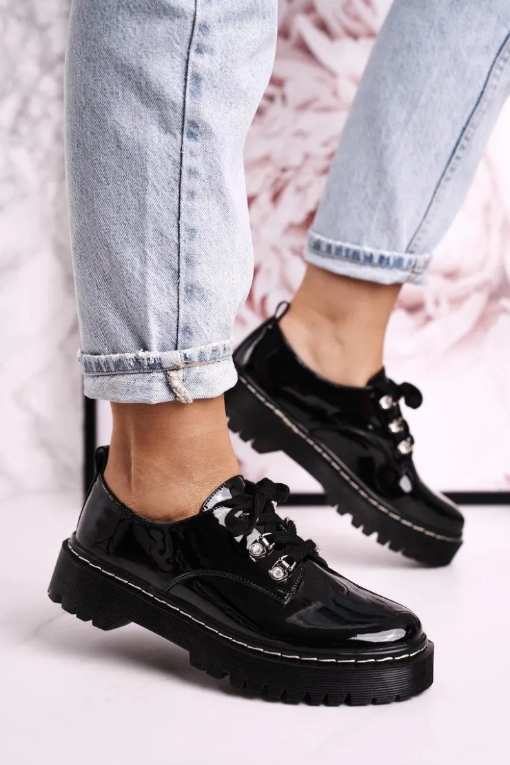 Damskie buty S.Barski Półbuty Lakierowane*Damskie Półbuty Oxfordy Na Platformie S.Barski HX15 Lakierowane Czarne