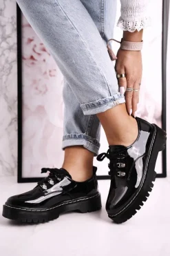 Damskie buty S.Barski Półbuty Lakierowane*Damskie Półbuty Oxfordy Na Platformie S.Barski HX15 Lakierowane Czarne