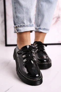 Damskie buty S.Barski Półbuty Lakierowane*Damskie Półbuty Oxfordy Na Platformie S.Barski HX15 Lakierowane Czarne