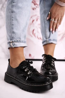 Damskie buty S.Barski Półbuty Lakierowane*Damskie Półbuty Oxfordy Na Platformie S.Barski HX15 Lakierowane Czarne