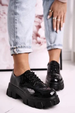 Best Damskie buty S.Barski Damskie Półbuty Oxfordy Na Masywnej Platformie S.Barski HX23 Lakierowane Czarne