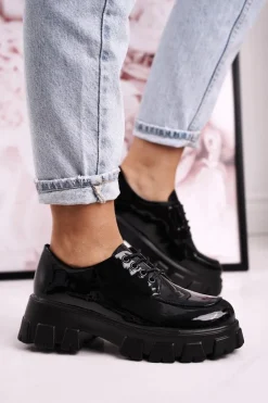 Best Damskie buty S.Barski Damskie Półbuty Oxfordy Na Masywnej Platformie S.Barski HX23 Lakierowane Czarne