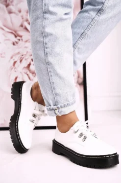 Clearance Damskie buty S.Barski Damskie Półbuty Oxfordy Na Platformie S.Barski HX15 Lakierowane Białe