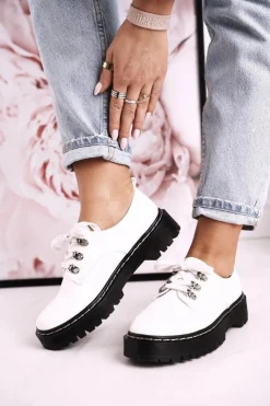 Clearance Damskie buty S.Barski Damskie Półbuty Oxfordy Na Platformie S.Barski HX15 Lakierowane Białe