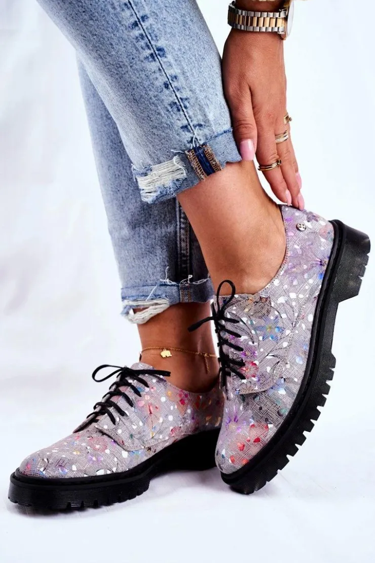 Damskie Maciejka Damskie Półbuty Oxfordy Popiel Skórzane 04087-13